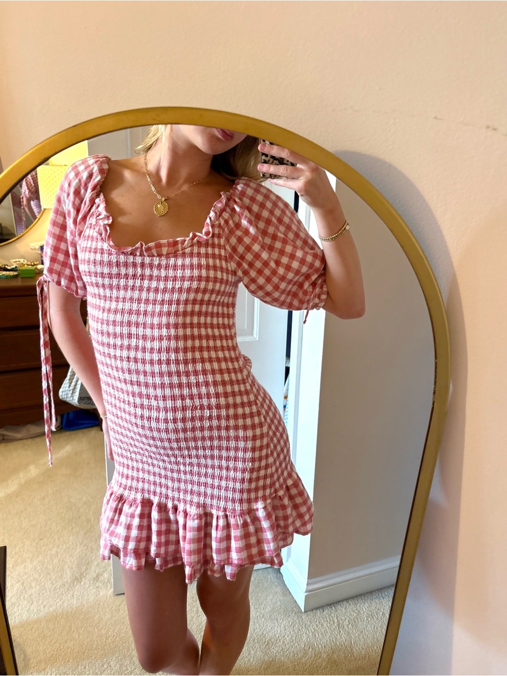 Pink Mable Gingham Smocked Ruffle Mini Dress - Picture 3 of 3